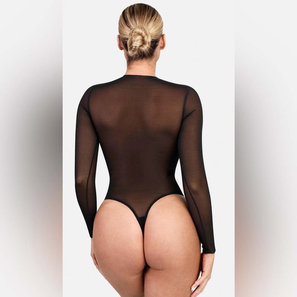Popilush Shapewear Illusion Mesh Long Sleeve Tummy Control Bodysuit - Black (XL) - Picture 2 of 7